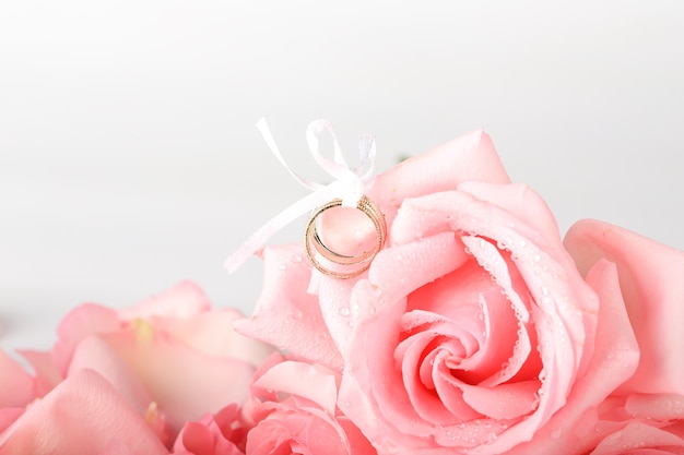 Photo pink roses with wedding rings. wedding romantic background