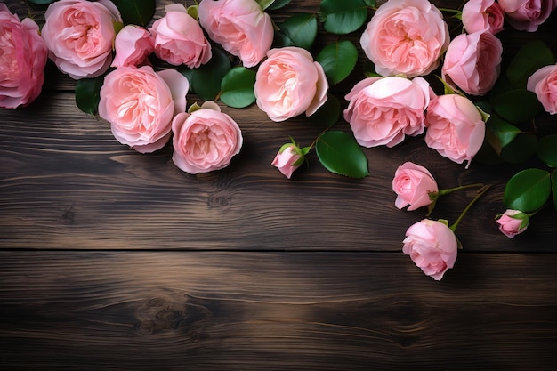 Pink roses on a wooden background