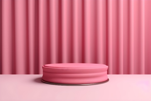 A pink round object sits on a table in front of a curtain that says'pink '