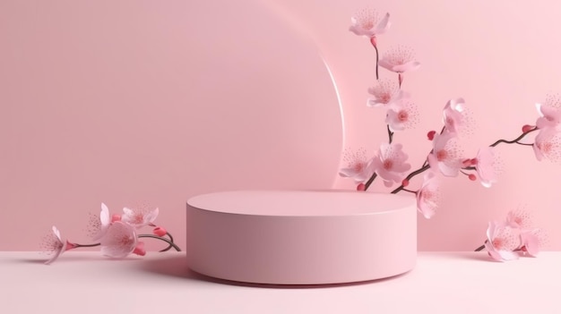 Pink round podium with pink flowers on a pink background