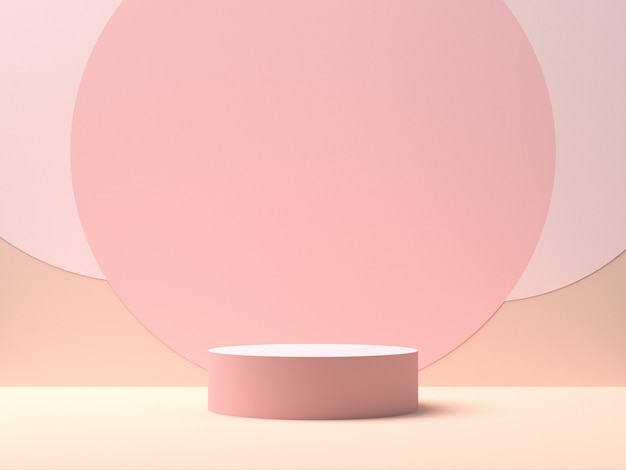 Pink round stage on pink background with circle shapes in the middle. Backdrop for product display. 3d rendering