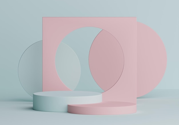 Pink round stage on sky blue background with circle shapes in the middle the backdrop for product