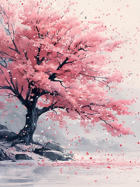 Photo pink sakura tree over water in watercolor style