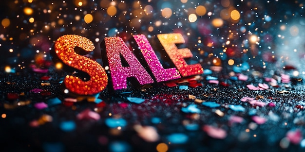 Photo a pink sale sign is on a black background with glitter and glitter