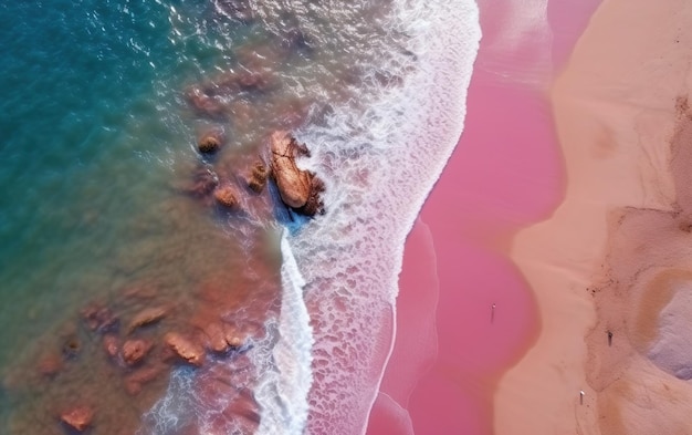 A pink sand beach with a blue beach in the background.