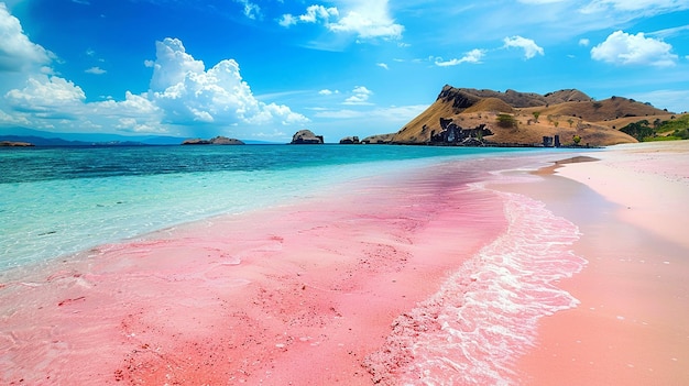 pink sand beach with a blue sky and water