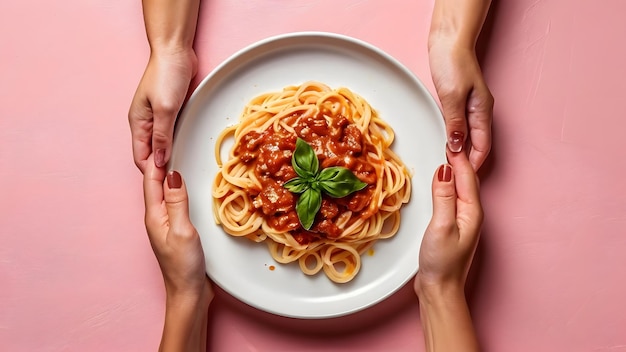 Photo pink sauce pasta plate top view and plate holding by women by both hands