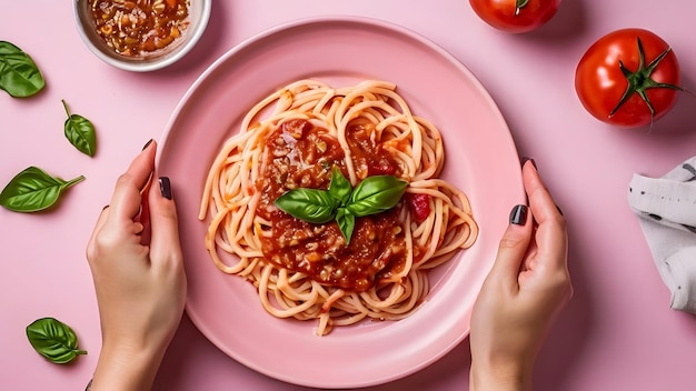 Photo pink sauce pasta plate top view and plate holding by women by both hands