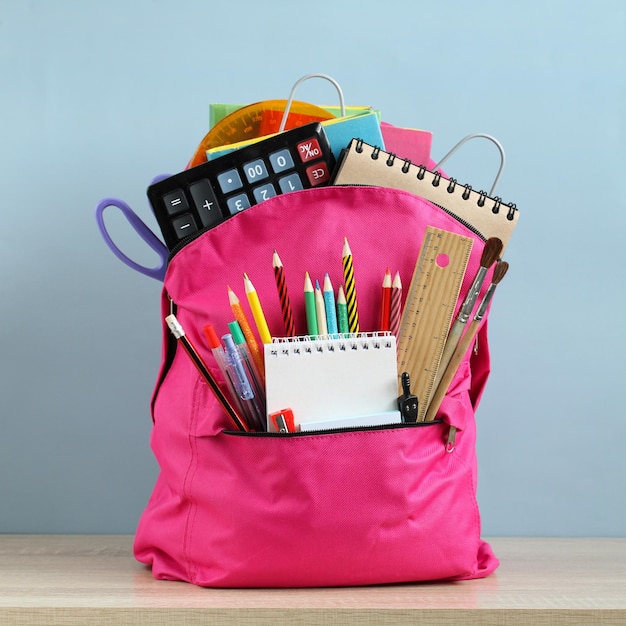 Pink school backpack and stationery