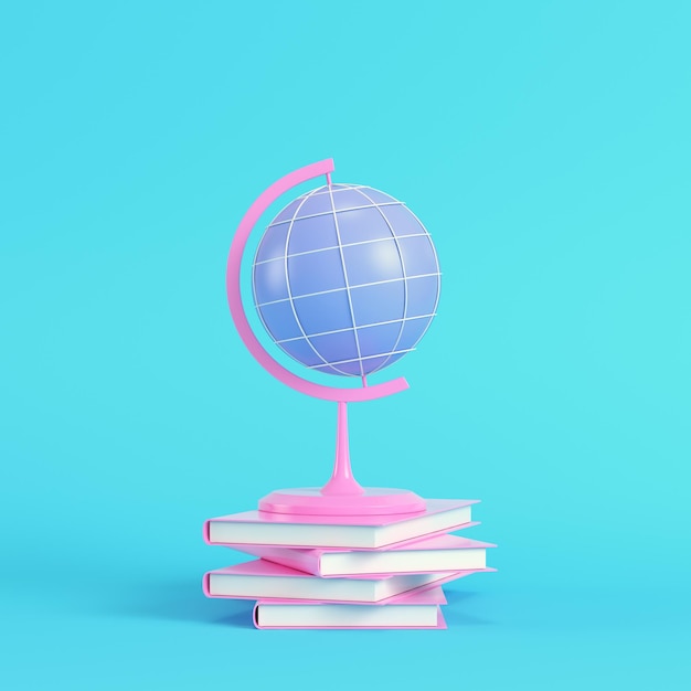 Pink school globe with stack of book on bright blue background in pastel colors