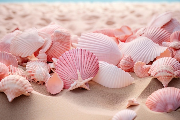 A pink seashell collection on a sandy beach pink life