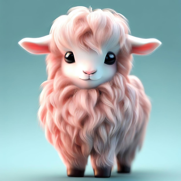 A pink sheep with a curly mane and a pink nose.