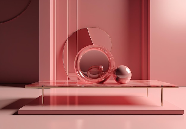 A pink shelf with a glass ball and a glass ball on it.