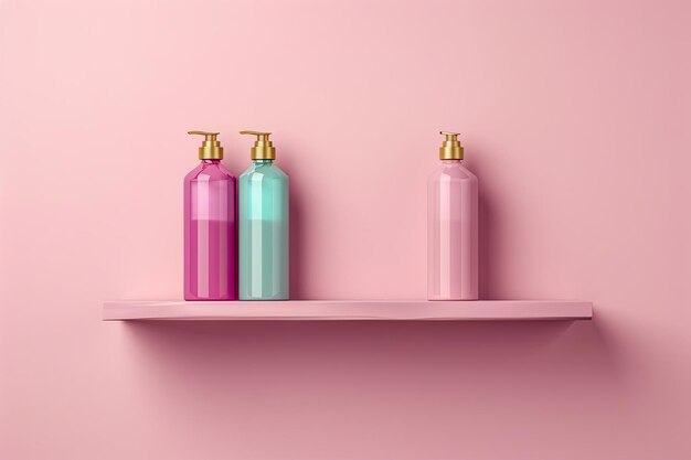 Photo a pink shelf with three different colored bottles on it