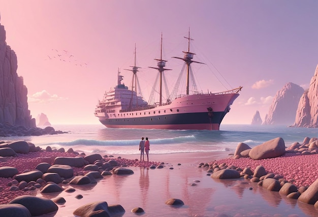 a pink ship is in the water and a couple are standing in the water