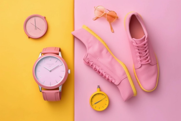 Pink shoes watch and a watch on a pink background