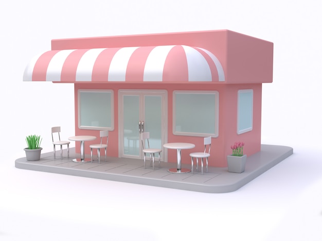 pink shop building cartoon style white background 3d rendering