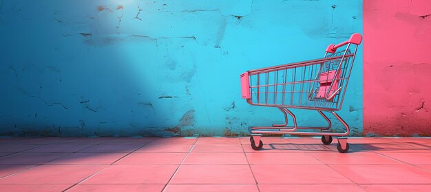 Photo pink shopping cart in a blue wall generative ai