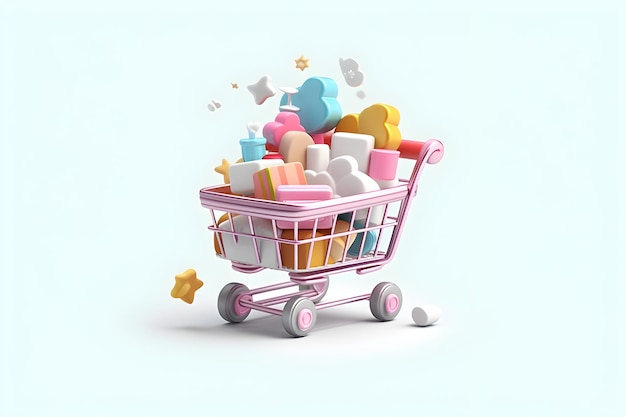 A pink shopping cart with a bunch of candy on it