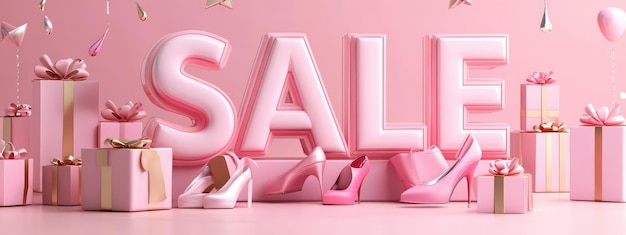 pink shopping display with sale signs and 50 percent discount on bags shoes and accessories