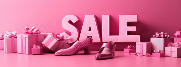 pink shopping display with sale signs and 50 percent discount on bags shoes and accessories