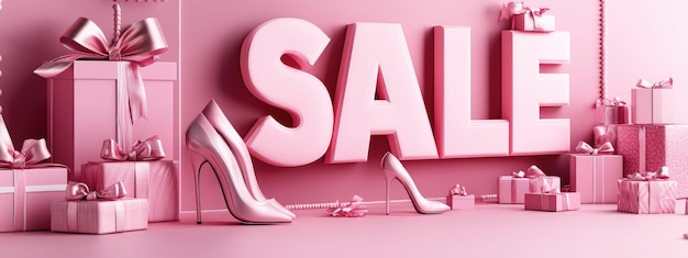 pink shopping display with sale signs and 50 percent discount on bags shoes and accessories