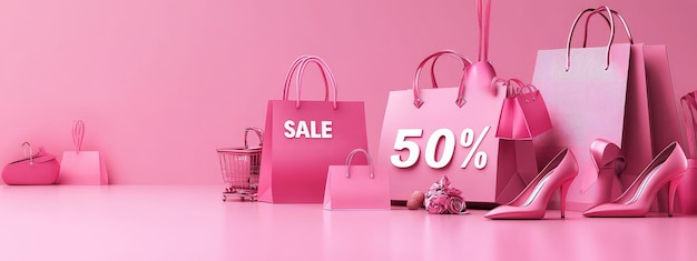 pink shopping display with sale signs and 50 percent discount on bags shoes and accessories