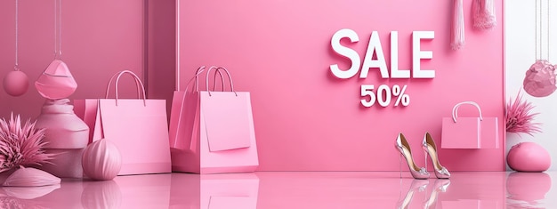 pink shopping display with sale signs and 50 percent discount on bags shoes and accessories