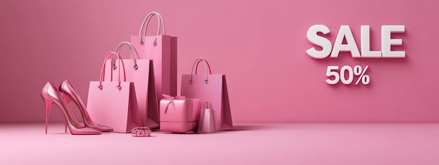 pink shopping display with sale signs and 50 percent discount on bags shoes and accessories