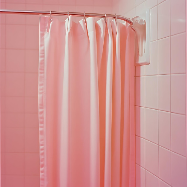 Photo pink shower curtain in a pink tiled bathroom