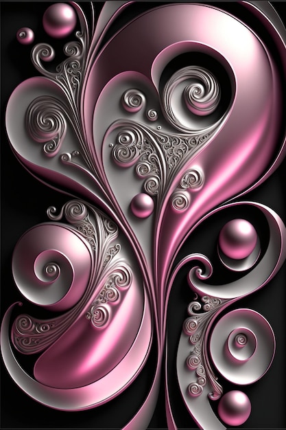 Pink and silver swirly design on a black background generative ai