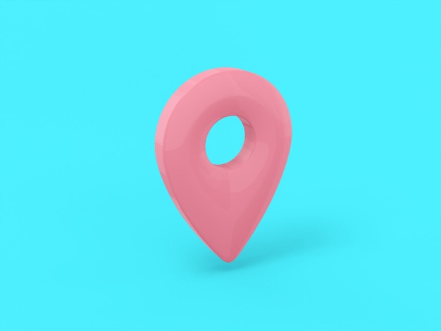 Pink single color pin on blue monochrome background. Minimalistic design object. 3d rendering icon ui ux interface element.