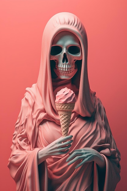 A pink skeleton with a pink skull and a pink ice cream cone