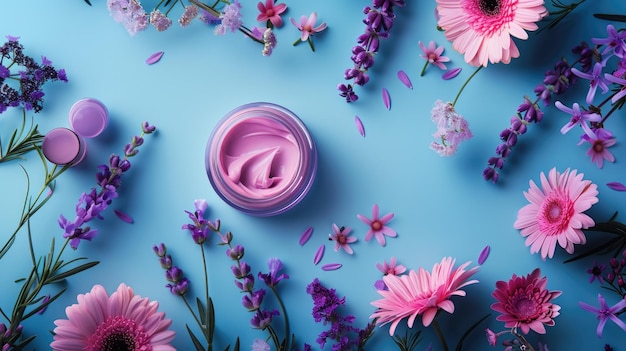 Pink skincare cream surrounded by flowers on a blue background