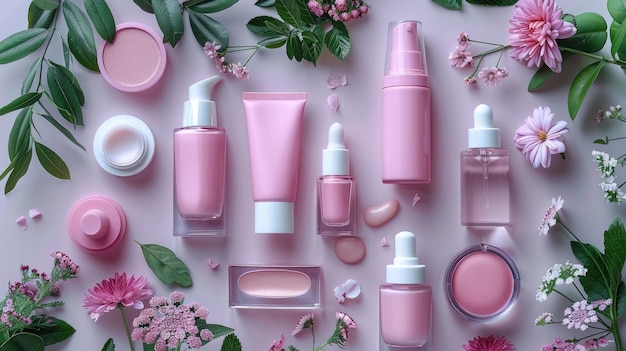 Pink skincare products and flowers arranged on a pastel background