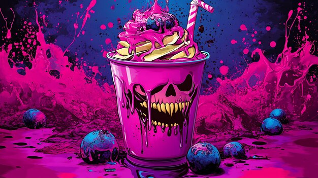 Photo pink skull milkshake with splashes of color