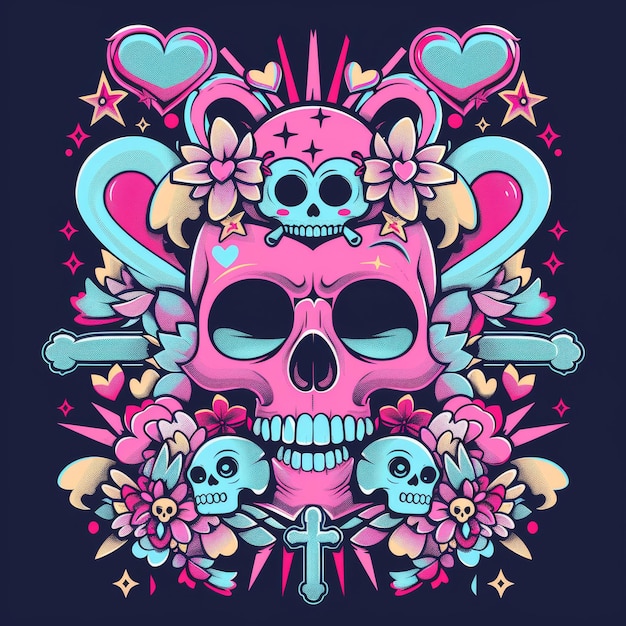 A pink skull with flowers and hearts in a colorful design