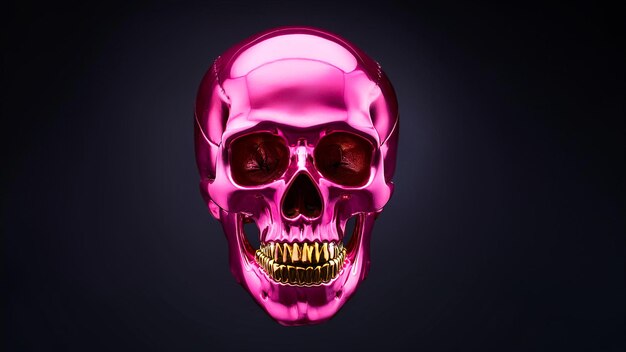 Photo pink skull with gold teeth in futuristic style on dark background