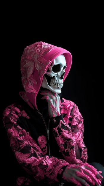 A pink skull with a pink hoodie that says'skull'on it