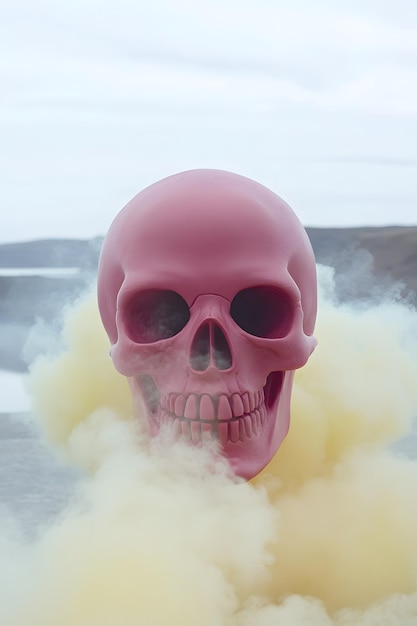 Photo a pink skull with a skull on it is covered in yellow smoke