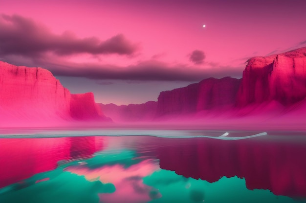 A pink sky with a moon and mountains in the background