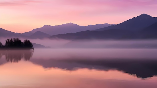 A pink sky with mountains in the background