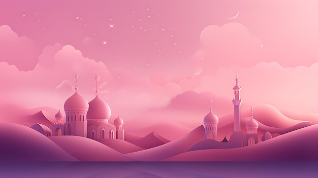 a pink sky with a pink background and a mosque in the middle