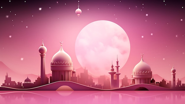 a pink sky with a pink moon and a city in the background