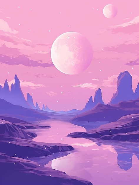 A pink sky with a river and a moon in the background