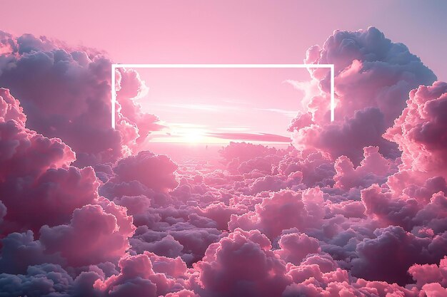 A pink sky with white clouds and an empty rectangular frame in the center of it the background is p