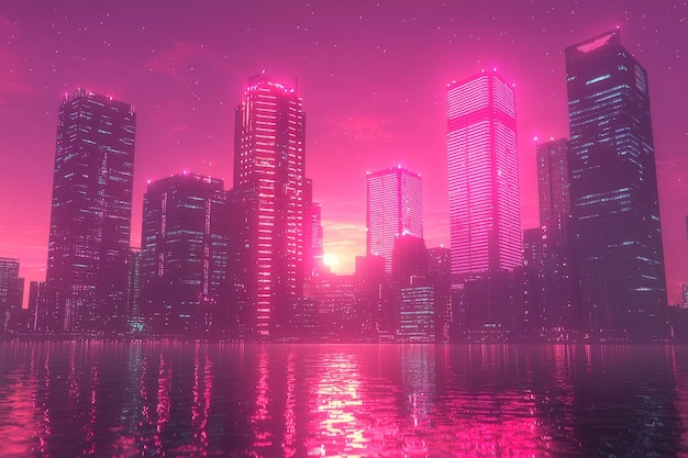 Photo pink skyline cityscape with water reflection at sunset