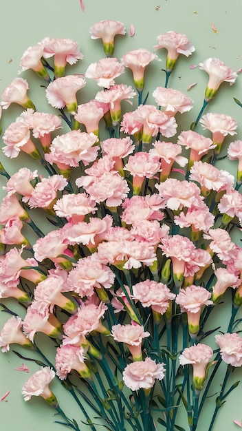 Pink small carnations on a light green background top view