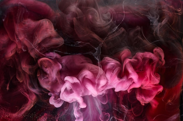 Pink smoke on black ink background, colorful fog, abstract swirling touch ocean sea, acrylic paint pigment underwater