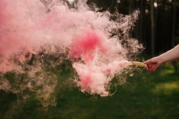 Pink smoke from a smoke bomb in nature